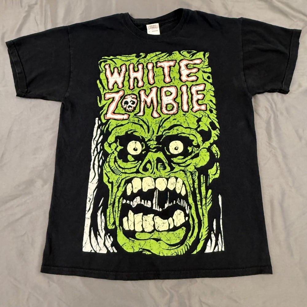 White Zombie Band T-Shirt Mens Medium Black Green Monster Graphic Gildan Tee
